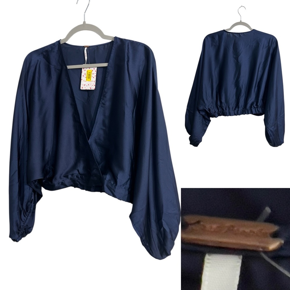 Free People top L48204 Indigo Midnight Vibes Satin Blouse Size XS *flaw*